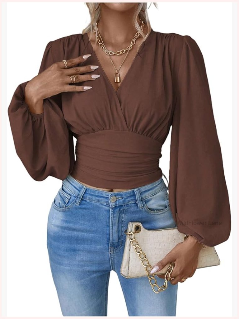 Lantern Long Sleeve Wrap Blouse Dressy Casual Ruched V Neck Cinched Waist Shirt